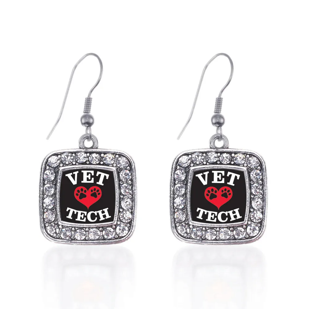 Silver Vet Tech Square Charm Dangle Earrings