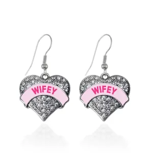 Silver Wifey Pink Candy Pave Heart Charm Dangle Earrings