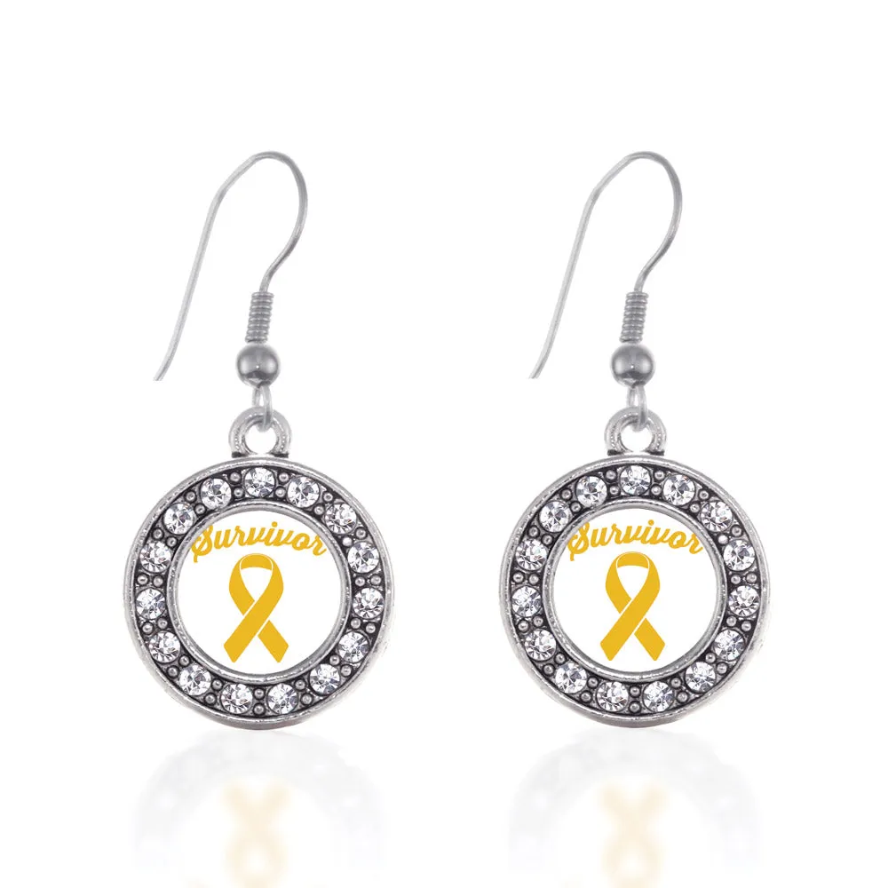 Silver Yellow Ribbon Survivor Circle Charm Dangle Earrings