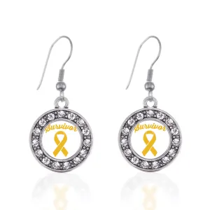 Silver Yellow Ribbon Survivor Circle Charm Dangle Earrings