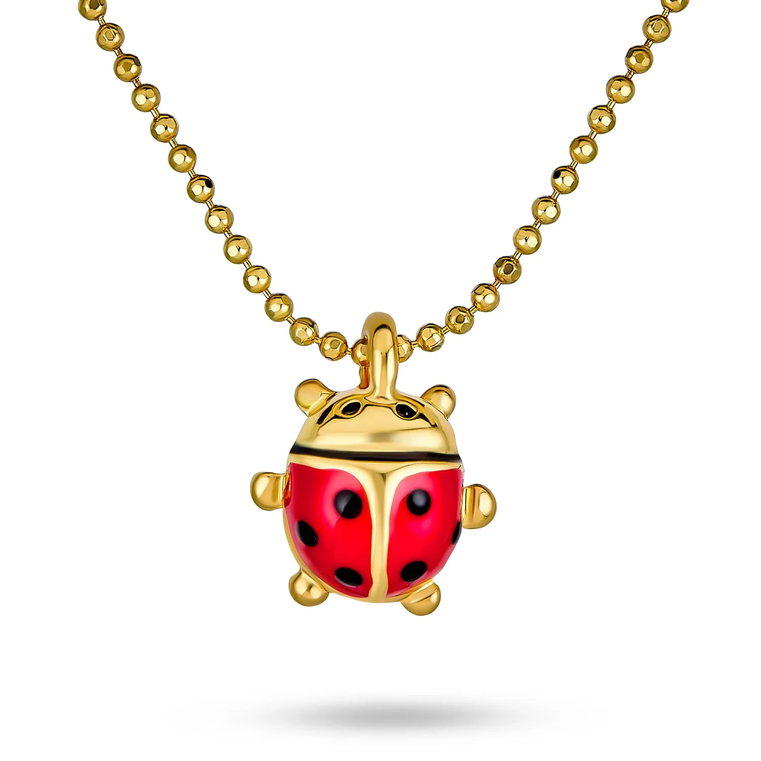 Small Red Enamel Ladybug Pendant Necklace SilverGold Tone 16" Bead Chain