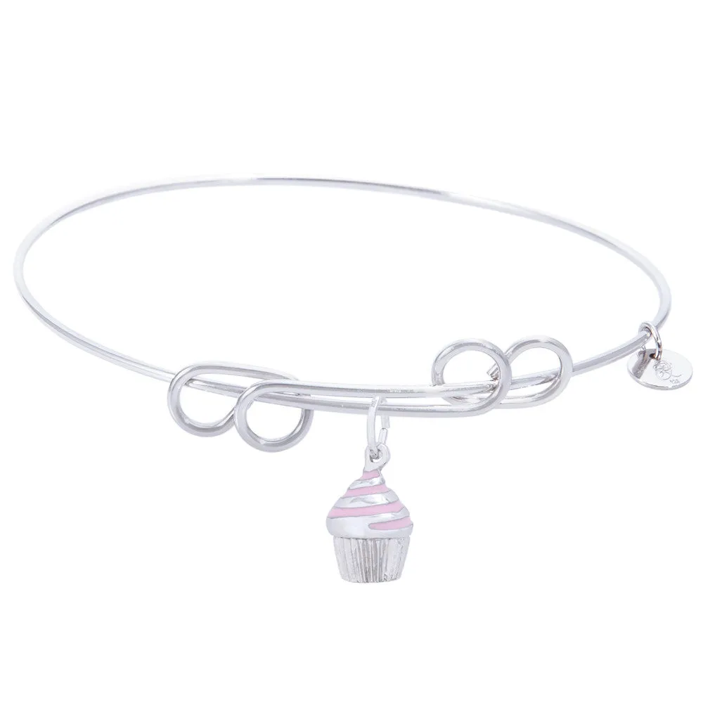 Sterling Silver Carefree Bangle Bracelet With Cupcake - Pink Icing Charm