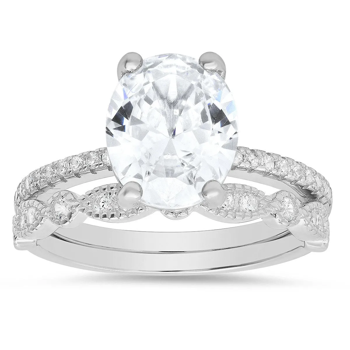 Sterling Silver Oval-cut CZ 2pc Stackable Ring Set