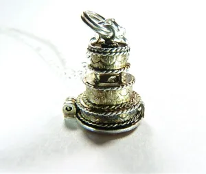 Sterling Silver Wedding Cake Pendant 1960s With 18" Sterling Silver Necklace