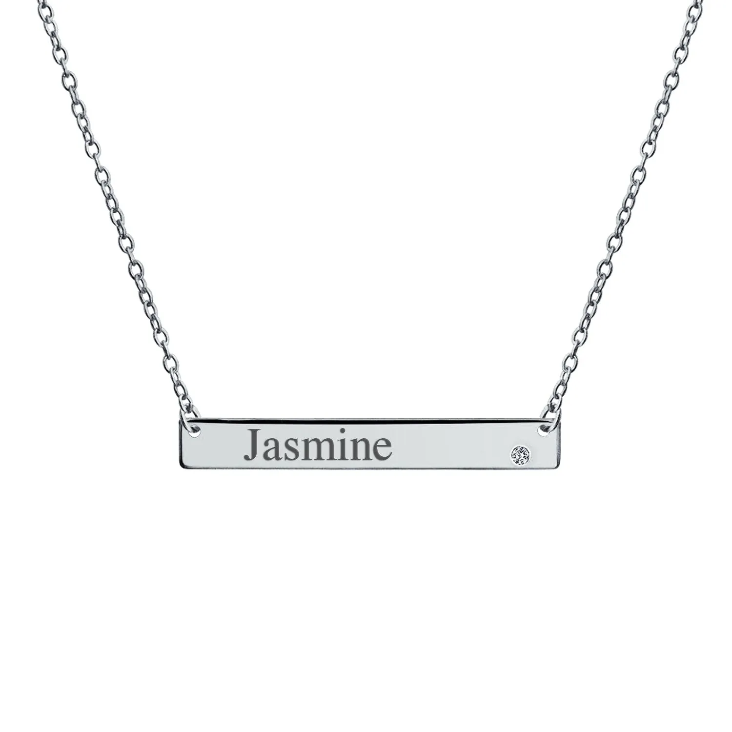 Thin Sideways Bar Name Plate Pendant Necklace with Birth Month Crystal Silver