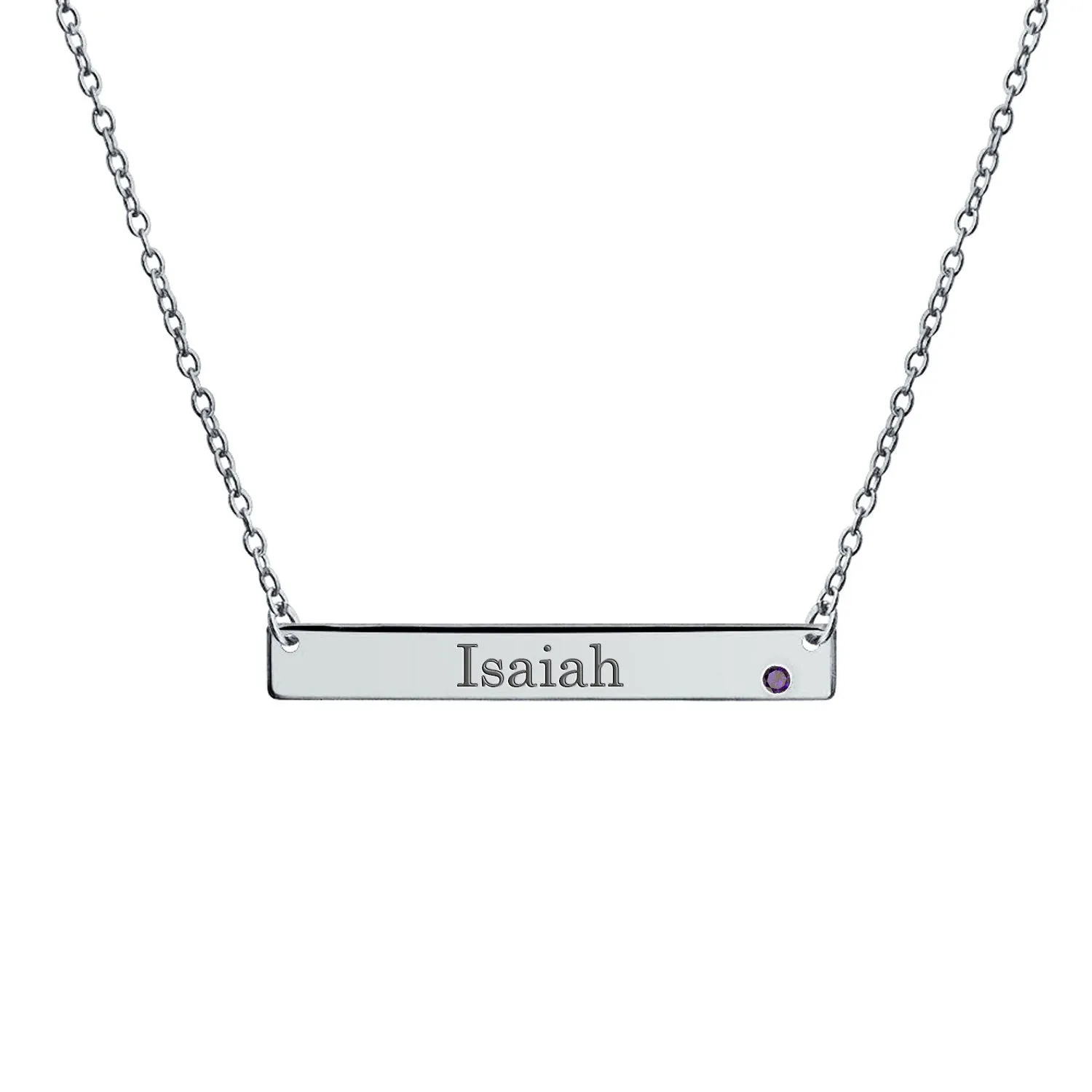 Thin Sideways Bar Name Plate Pendant Necklace with Birth Month Crystal Silver