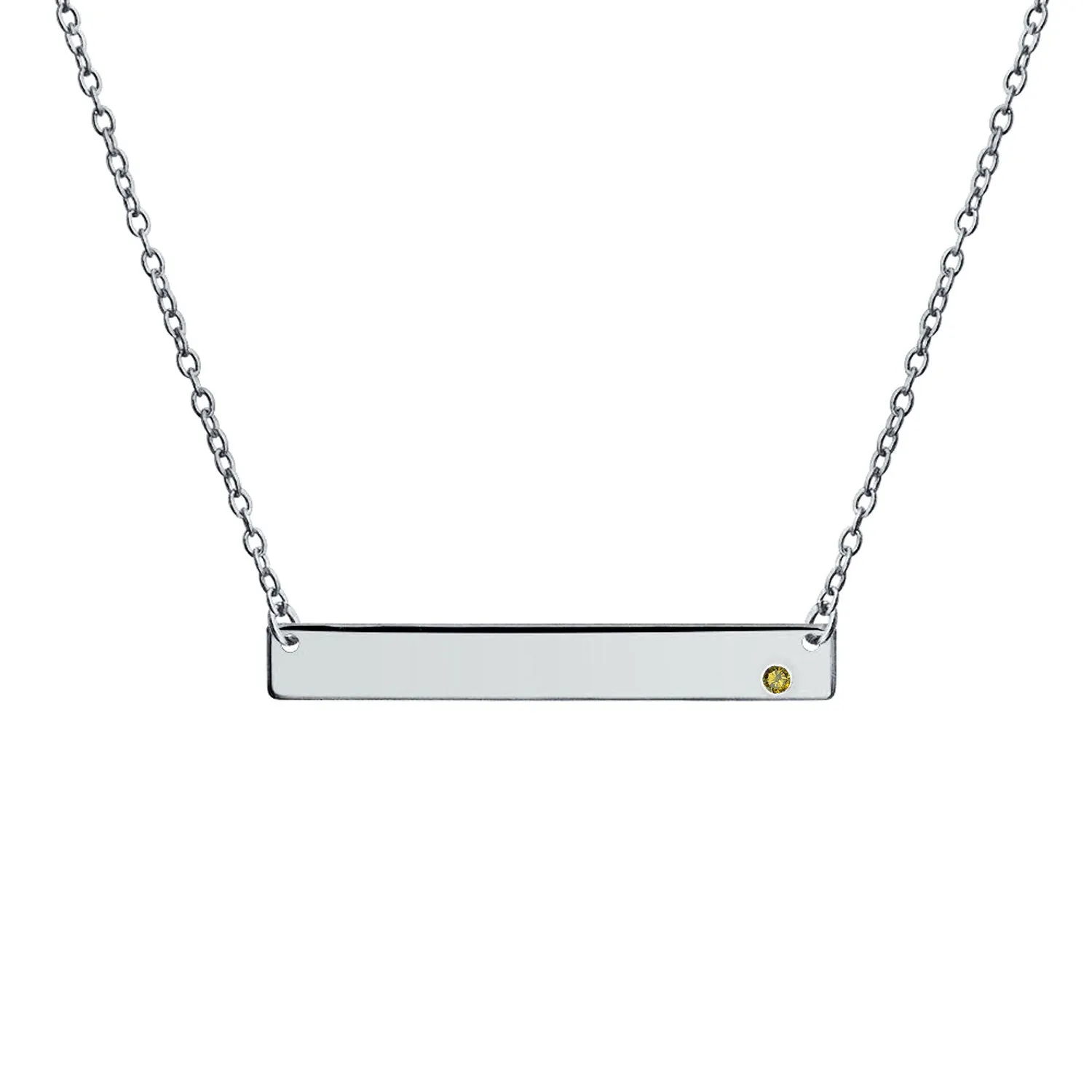 Thin Sideways Bar Name Plate Pendant Necklace with Birth Month Crystal Silver