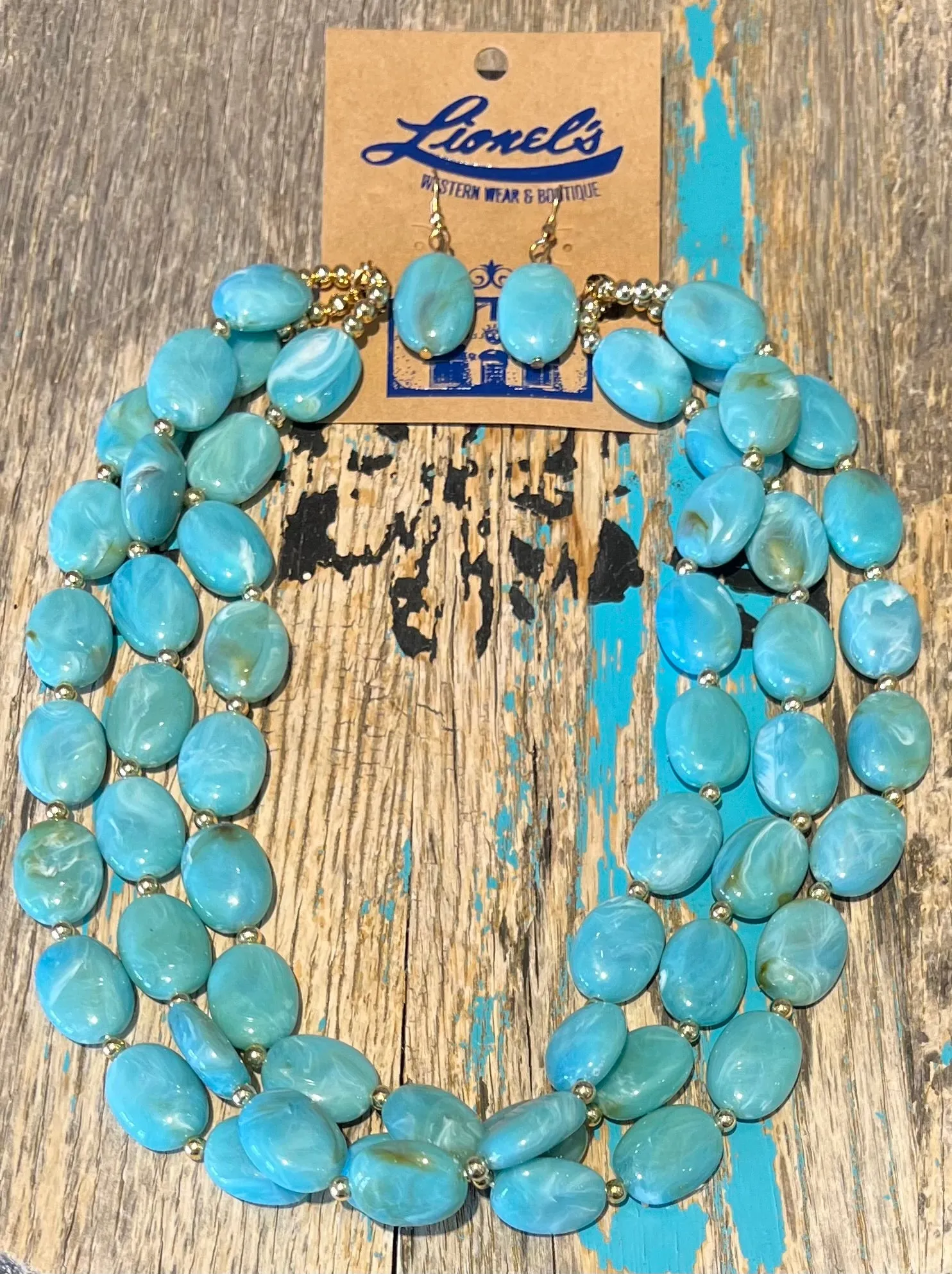 Turquoise Oval Beads Necklace w/ Earrings