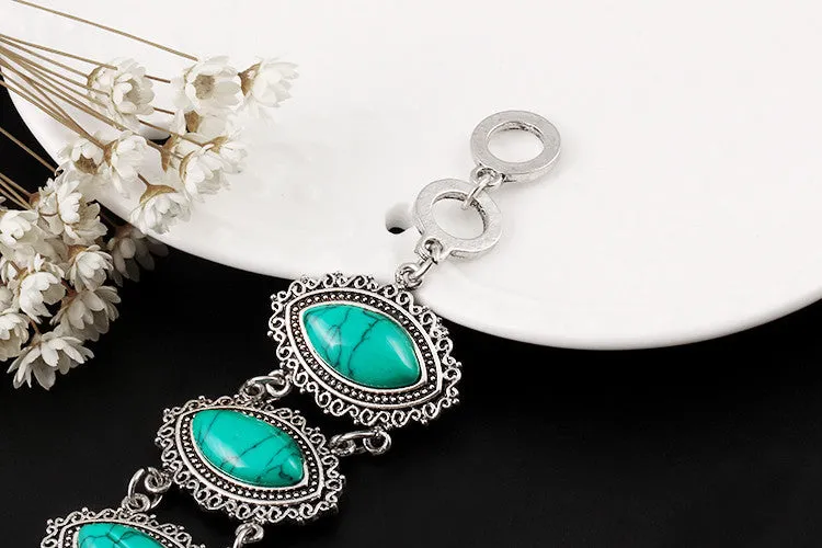 Vintage Silver Plated Geometric Jewelry Sets Water Drop Turquoise Earrings Necklace Bracelet Fashion For Women Accessories