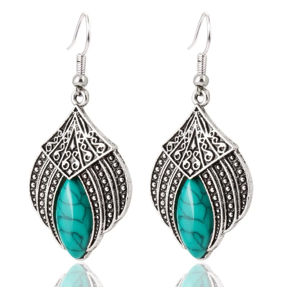 Vintage Silver Plated Geometric Jewelry Sets Water Drop Turquoise Earrings Necklace Bracelet Fashion For Women Accessories