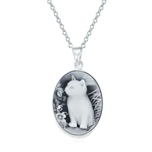 Vintage Style Black Onyx Kitten Cameo Pendant Necklace in Sterling Silver