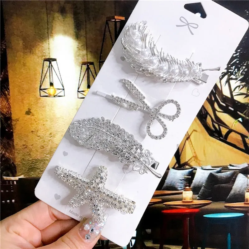 Wenkouban 4PCS Hair Accessories Gold Silver Hair Clips Set Vintage Feather Starfish Crystal Pearls Hairpin For Women Fashion Headwear 2022