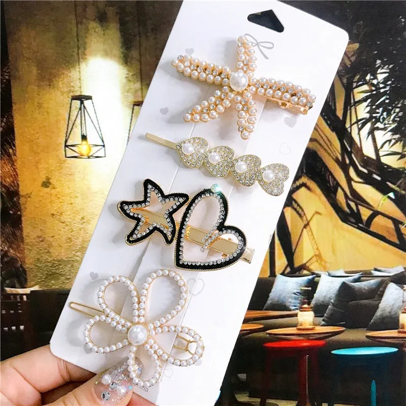 Wenkouban 4PCS Hair Accessories Gold Silver Hair Clips Set Vintage Feather Starfish Crystal Pearls Hairpin For Women Fashion Headwear 2022