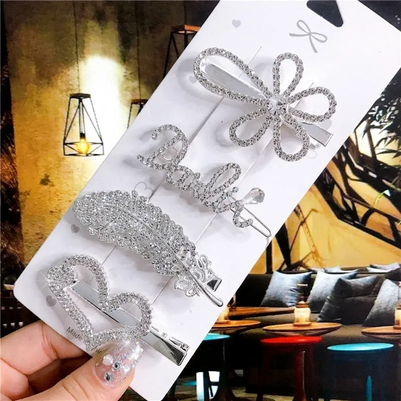 Wenkouban 4PCS Hair Accessories Gold Silver Hair Clips Set Vintage Feather Starfish Crystal Pearls Hairpin For Women Fashion Headwear 2022