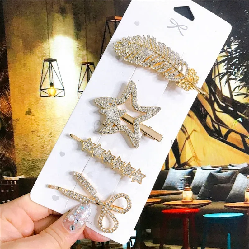 Wenkouban 4PCS Hair Accessories Gold Silver Hair Clips Set Vintage Feather Starfish Crystal Pearls Hairpin For Women Fashion Headwear 2022