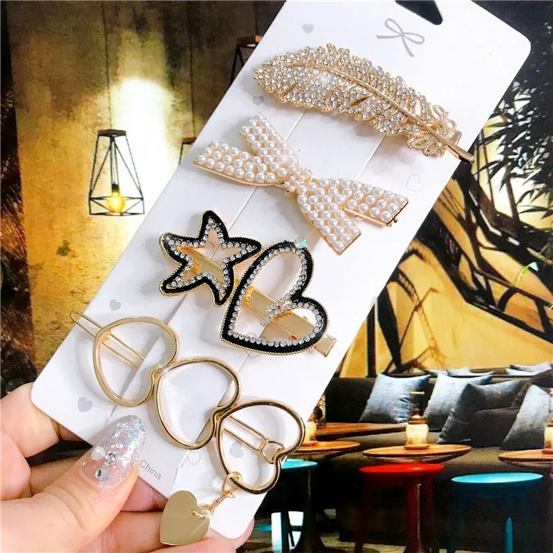 Wenkouban 4PCS Hair Accessories Gold Silver Hair Clips Set Vintage Feather Starfish Crystal Pearls Hairpin For Women Fashion Headwear 2022