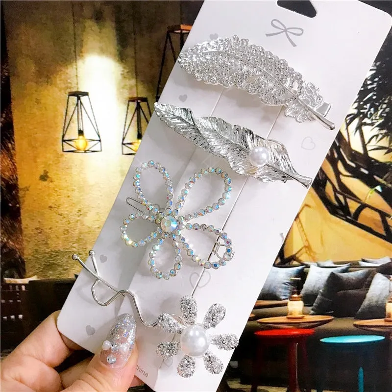 Wenkouban 4PCS Hair Accessories Gold Silver Hair Clips Set Vintage Feather Starfish Crystal Pearls Hairpin For Women Fashion Headwear 2022