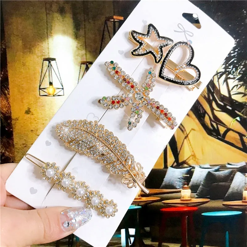 Wenkouban 4PCS Hair Accessories Gold Silver Hair Clips Set Vintage Feather Starfish Crystal Pearls Hairpin For Women Fashion Headwear 2022