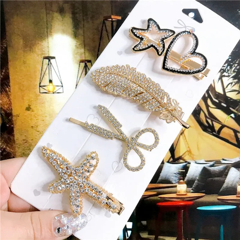 Wenkouban 4PCS Hair Accessories Gold Silver Hair Clips Set Vintage Feather Starfish Crystal Pearls Hairpin For Women Fashion Headwear 2022