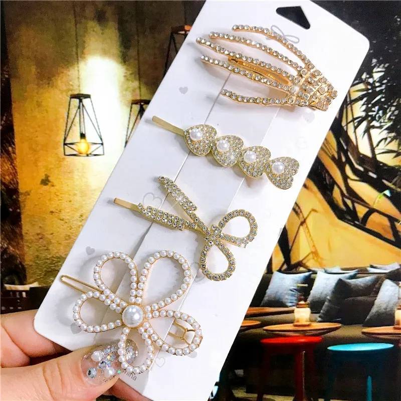 Wenkouban 4PCS Hair Accessories Gold Silver Hair Clips Set Vintage Feather Starfish Crystal Pearls Hairpin For Women Fashion Headwear 2022