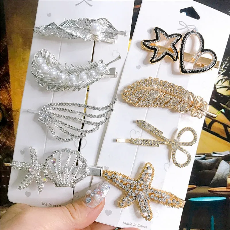 Wenkouban 4PCS Hair Accessories Gold Silver Hair Clips Set Vintage Feather Starfish Crystal Pearls Hairpin For Women Fashion Headwear 2022