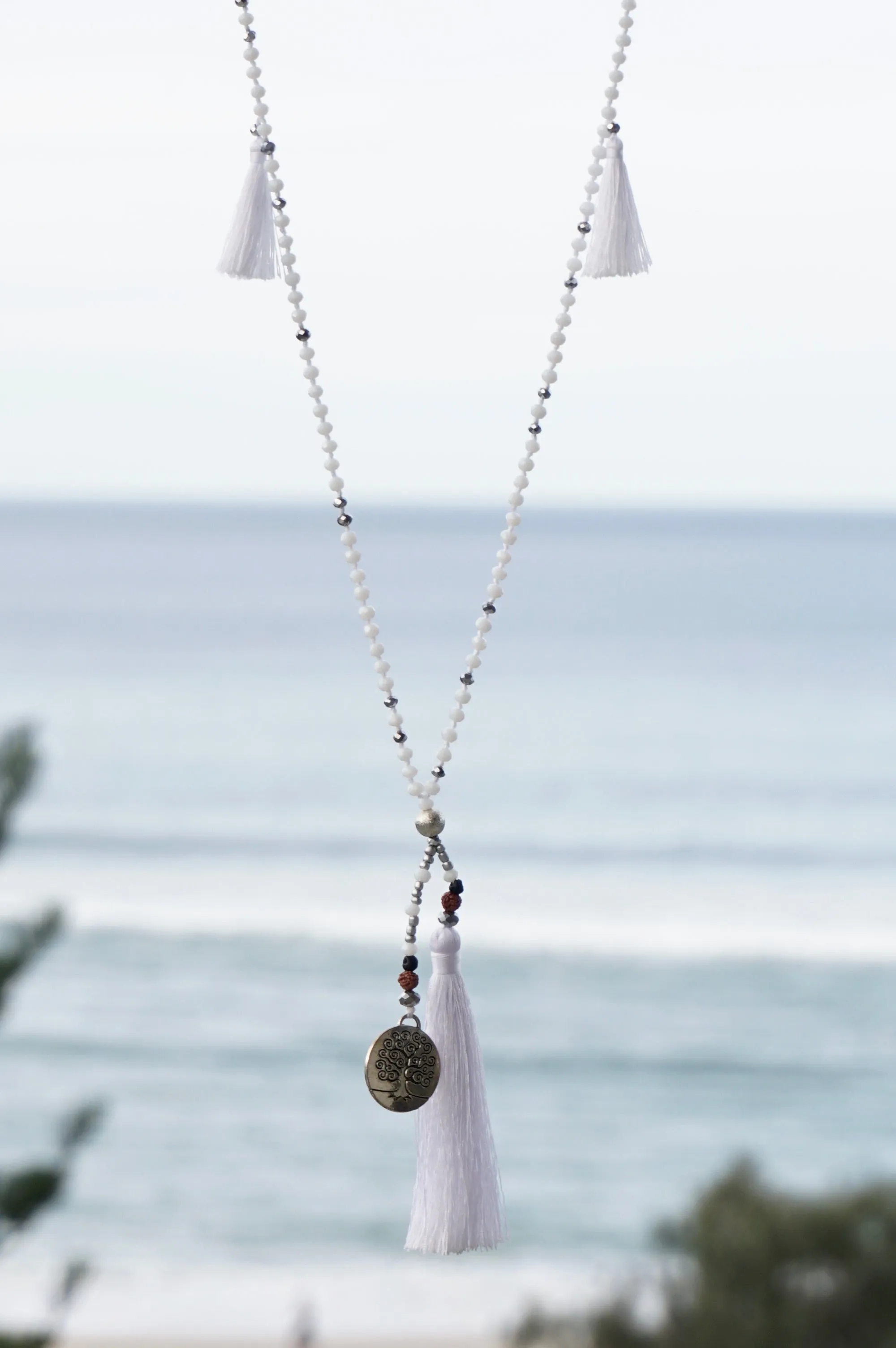 White Tree of Life Silver Coin and Tassel Necklace