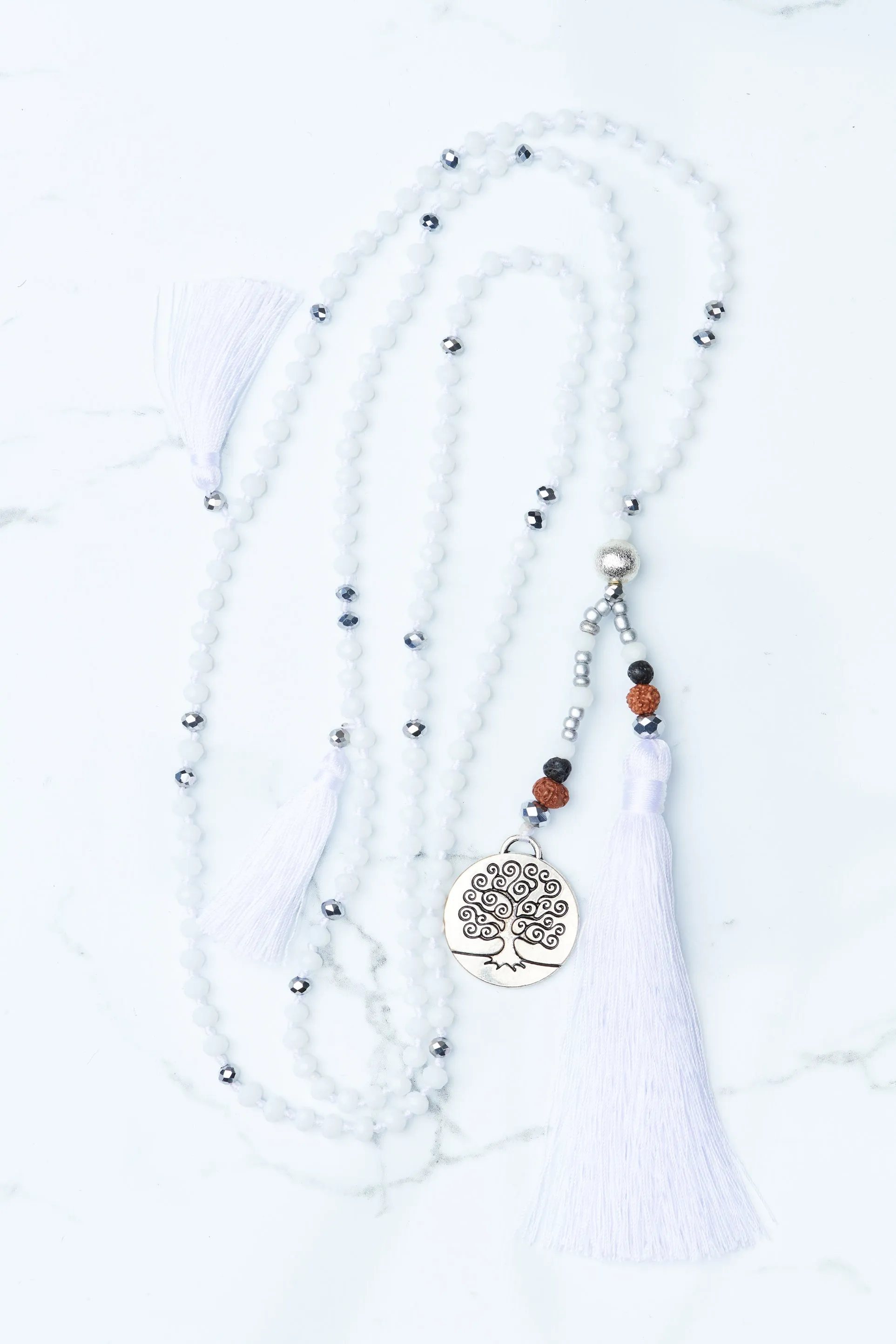 White Tree of Life Silver Coin and Tassel Necklace