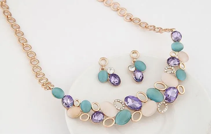 Women Wedding Jewelry Set New Design Rhinestone Crystal Necklace Gem Opal Necklaces Earrings Sets