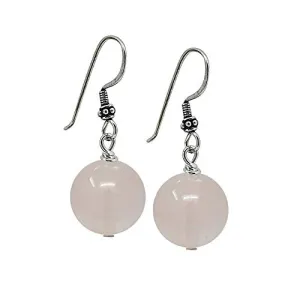 Women's Handmade 12mm Pink Rose Quartz Gemstone Dangle Drop Ball Earrings