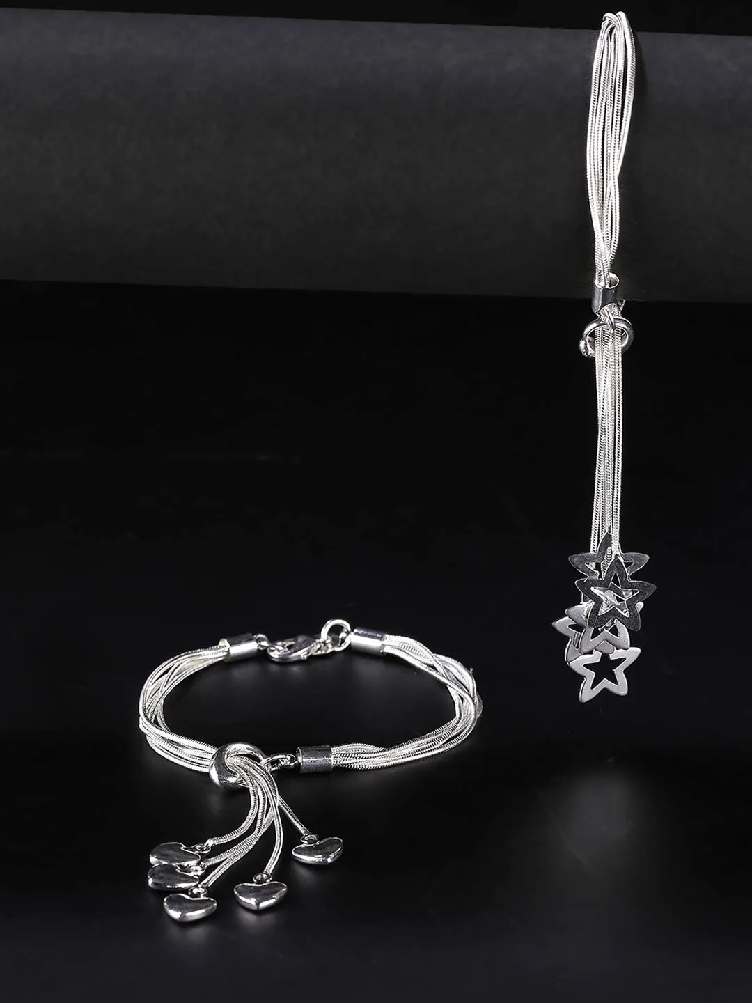 Yellow Chimes Bracelets for Women Combo of 2 Pcs Hanging Heart & Stars Charms Silver Plated Charm Bracelets for Women and Girls.